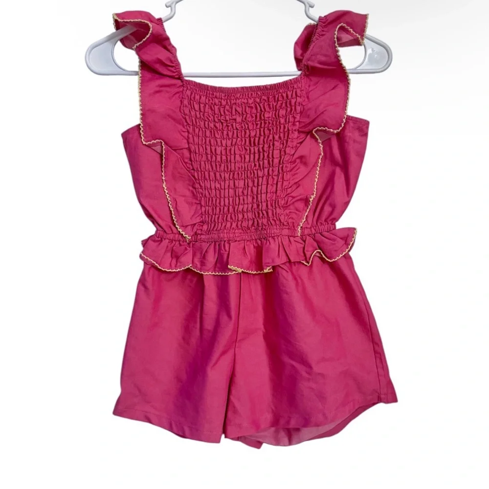 Vince Camuto Girls Pink Ruffle Romper‎ Size 8 Yellow Trim NWT Cute Summer